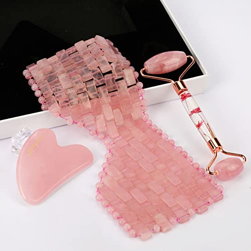 ideayard Rose Quartz Eye Mask  Face Roller and Gua Sha 3in1 Real Natural AAA Rose Quartz for Skin Care SPA Facial